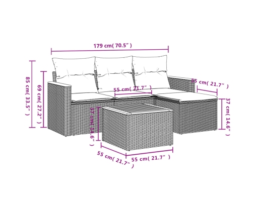 Set de muebles de jardín 5 pzas y cojines ratán sintético negro