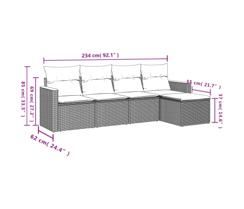 Set de muebles de jardín 5 pzas y cojines ratán sintético negro