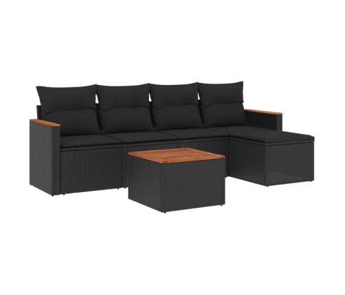 Set de sofás de jardín 6 piezas y cojines ratán sintético negro