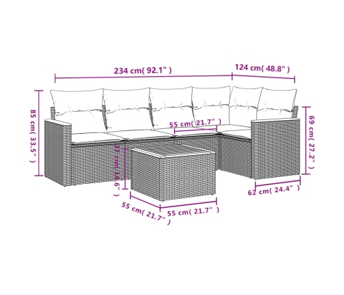 Set de muebles de jardín 6 pzas y cojines ratán sintético gris