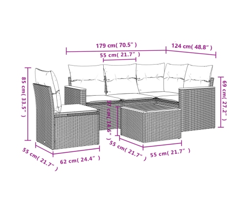 Set de muebles de jardín 6 pzas y cojines ratán sintético gris