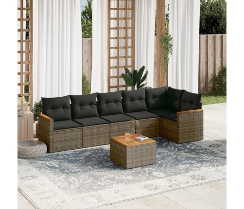 Set de sofás de jardín 7 piezas con cojines ratán PE gris