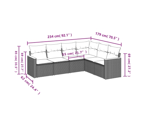 Set de muebles de jardín 6 pzas y cojines ratán sintético gris