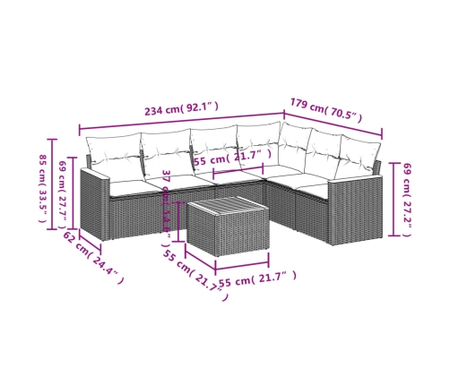 Set de comedor de jardín 7 pzas y cojines ratán sintético negro