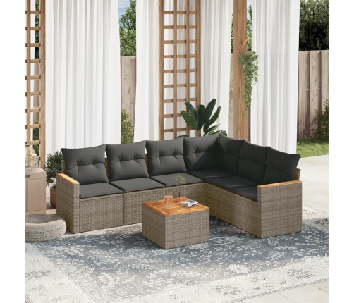 Set de sofás de jardín 7 piezas con cojines ratán PE gris