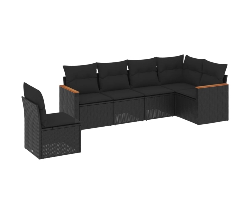 Set de sofás de jardín 6 piezas y cojines ratán sintético negro