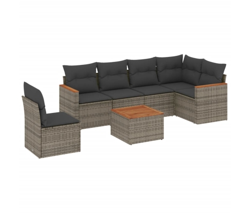 Set de sofás de jardín 7 piezas con cojines ratán PE gris