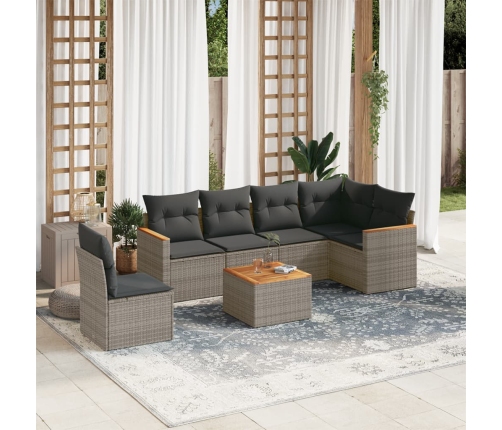 Set de sofás de jardín 7 piezas con cojines ratán PE gris