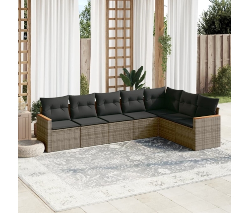 Set de sofás de jardín 7 piezas con cojines ratán PE gris