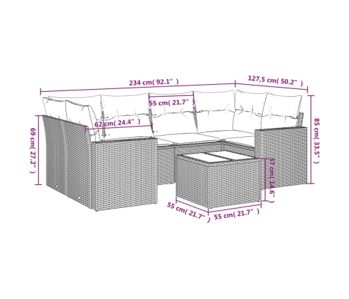 Set de comedor de jardín 7 pzas y cojines ratán sintético negro