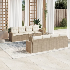 Set de sofás de jardín 9 pzas con cojines ratán sintético beige