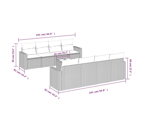 Set de muebles de jardín 9 pzas y cojines ratán sintético gris