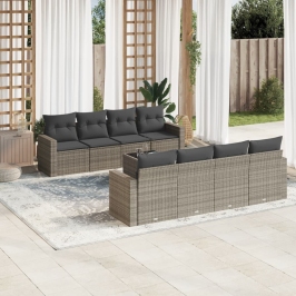 Set de muebles de jardín 9 pzas y cojines ratán sintético gris