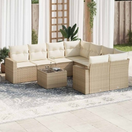 Set de sofás de jardín 9 pzas con cojines ratán sintético beige