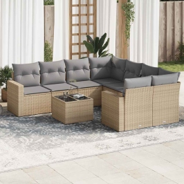 Set de sofás de jardín 9 pzas con cojines ratán sintético beige