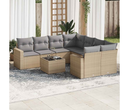 Set de sofás de jardín 9 pzas con cojines ratán sintético beige