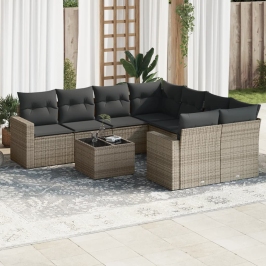 Set de muebles de jardín 9 pzas y cojines ratán sintético gris