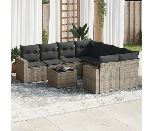 Set de muebles de jardín 9 pzas y cojines ratán sintético gris