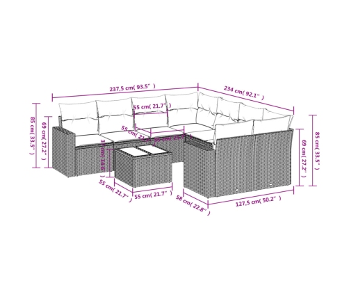 Set muebles jardín 9 pzas y cojines ratán sintético gris claro