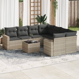 Set muebles jardín 9 pzas y cojines ratán sintético gris claro