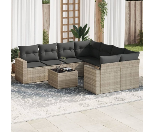 Set muebles jardín 9 pzas y cojines ratán sintético gris claro