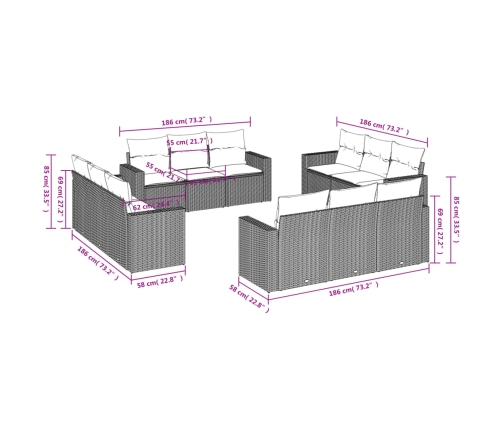 Set de sofás de jardín 12 pzas y cojines ratán sintético marrón