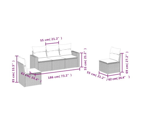 Set de muebles de jardín 5 pzas y cojines ratán sintético negro