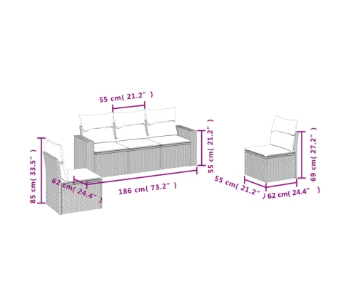 Set comedor de jardín 5 piezas y cojines ratán sintético marrón