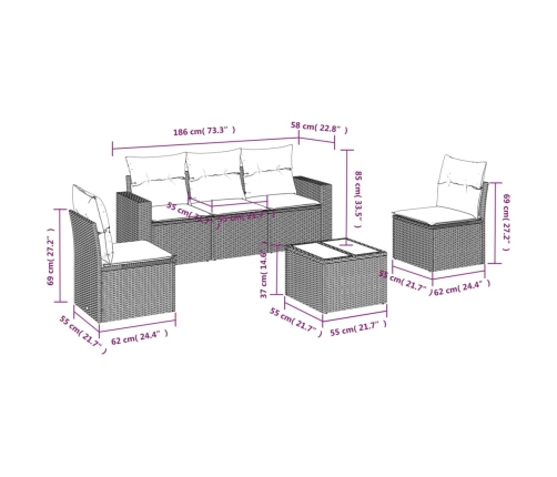 Set de muebles de jardín 6 pzas y cojines ratán sintético gris