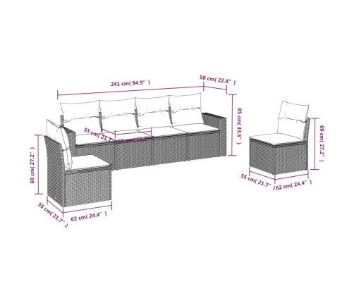 Set de muebles de jardín 6 pzas y cojines ratán sintético gris