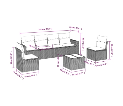 Set de comedor de jardín 7 pzas y cojines ratán sintético negro