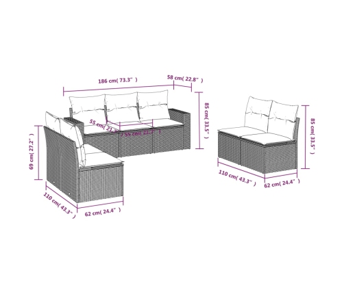 Set de comedor de jardín 7 pzas y cojines ratán sintético negro