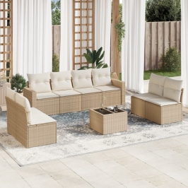 Set de sofás de jardín 9 pzas con cojines ratán sintético beige