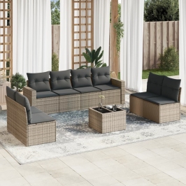 Set de sofás de jardín 9 pzas con cojines ratán sintético beige