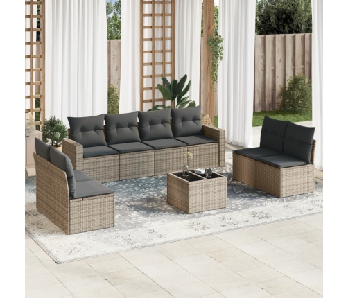 Set de sofás de jardín 9 pzas con cojines ratán sintético beige