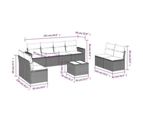 Set de muebles de jardín 9 pzas y cojines ratán sintético gris