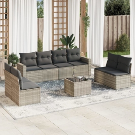 Set muebles jardín 9 pzas y cojines ratán sintético gris claro