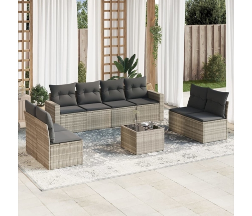 Set muebles jardín 9 pzas y cojines ratán sintético gris claro