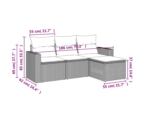 Set de sofás de jardín 4 pzas y cojines ratán sintético gris