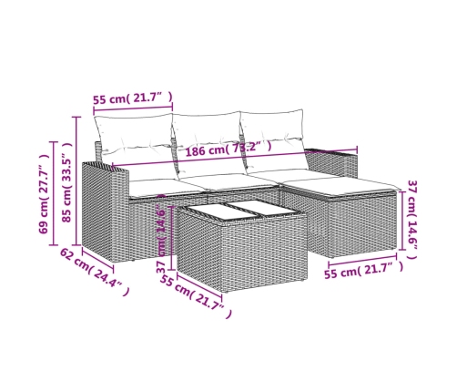 Set de muebles de jardín 5 pzas y cojines ratán sintético negro