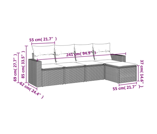 Set de muebles de jardín 5 pzas y cojines ratán sintético negro