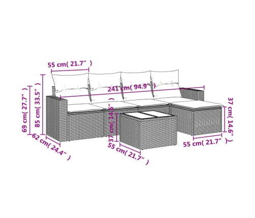 Set de muebles de jardín 6 pzas y cojines ratán sintético gris