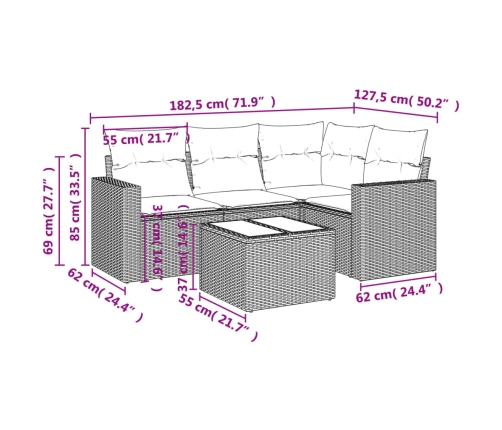 Set comedor de jardín 5 piezas y cojines ratán sintético marrón