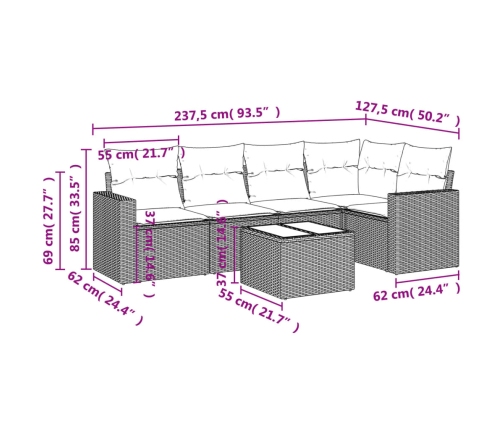 Set de muebles de jardín 6 pzas y cojines ratán sintético gris