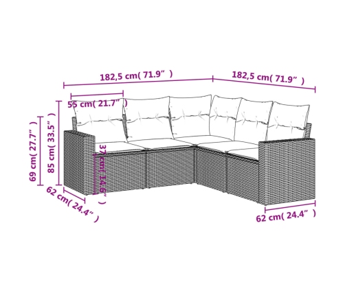 Set de muebles de jardín 5 pzas y cojines ratán sintético negro