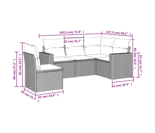 Set de muebles de jardín 5 pzas y cojines ratán sintético negro