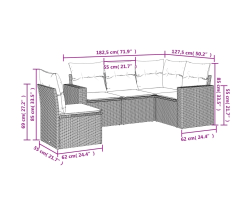 Set comedor de jardín 5 piezas y cojines ratán sintético marrón