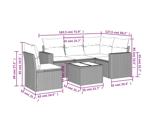 Set de muebles de jardín 6 pzas y cojines ratán sintético gris