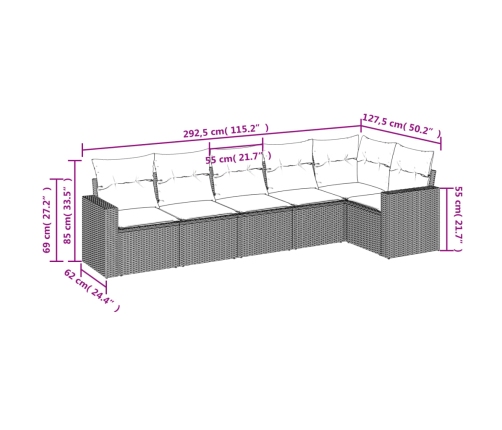 Set de muebles de jardín 6 pzas y cojines ratán sintético gris