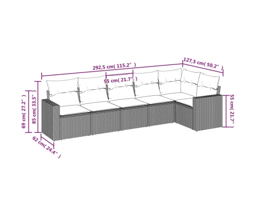 Set de sofás de jardín 6 pzas y cojines ratán sintético gris